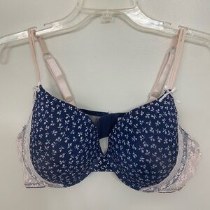Jessica Simpson Navy Floral Lace-Accent Bra with Pink Straps